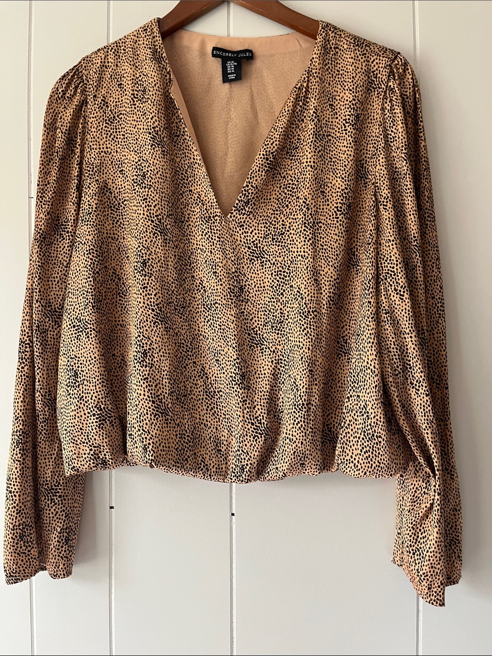 Sincerly Jules Leopard-Print V-Neck Blouse in Tan and Black
